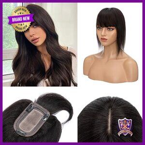 Human Hair Topper with Bangs, 150% Density, 6 Inch Length, Thinning Hair